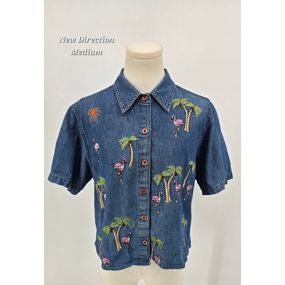 Vintage 90's New Direction Denim Shirt – Flamingo & Palm Tree Embroidery - Picture 4 of 6